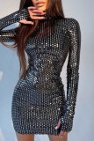 Black Sexy Patchwork Sequins Turtleneck Long Sleeve Dresses