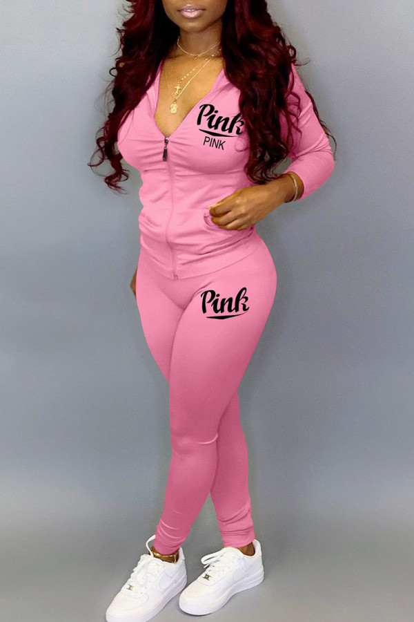 Pink Casual Print Patchwork Zipper Long Sleeve Two Pieces