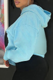 Blue Casual Print Patchwork Hooded Collar Tops