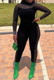 Black Sexy Solid Patchwork See-through Half A Turtleneck Skinny Jumpsuits