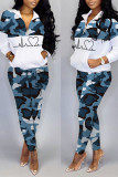 Red Casual Print Camouflage Print Patchwork Zipper Collar Long Sleeve Two Pieces