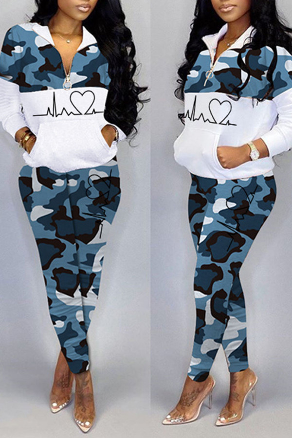 Blue Casual Print Camouflage Print Patchwork Zipper Collar Long Sleeve Two Pieces
