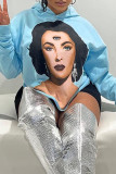 Blue Casual Print Patchwork Hooded Collar Tops