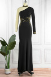 Black Elegant Solid Patchwork Hot Drill Oblique Collar Long Dress Dresses
