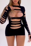 Red Sexy Casual Solid Ripped O Neck Long Sleeve Dresses