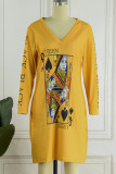 Yellow Casual Print Patchwork V Neck Long Sleeve Dresses