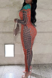 Orange Sexy Print Patchwork Half A Turtleneck Skinny Jumpsuits