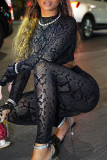 Black Sexy Print Patchwork See-through O Neck Long Sleeve Two Pieces