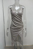 Silver Sexy Solid Patchwork Slit Asymmetrical Spaghetti Strap Sling Dress Dresses