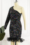 Black Elegant Solid Sequins Patchwork Oblique Collar Evening Dress Dresses