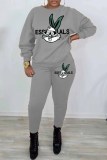 Khaki Casual Character Print Letter O Neck Long Sleeve Two Pieces