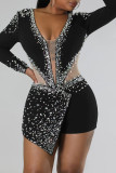 Black Sexy Solid Patchwork See-through Asymmetrical Hot Drill V Neck Regular Rompers