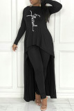Black Casual Print Asymmetrical O Neck Long Sleeve Two Pieces