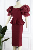 Burgundy Sexy Formal Solid Patchwork Slit Off the Shoulder Evening Dress Dresses