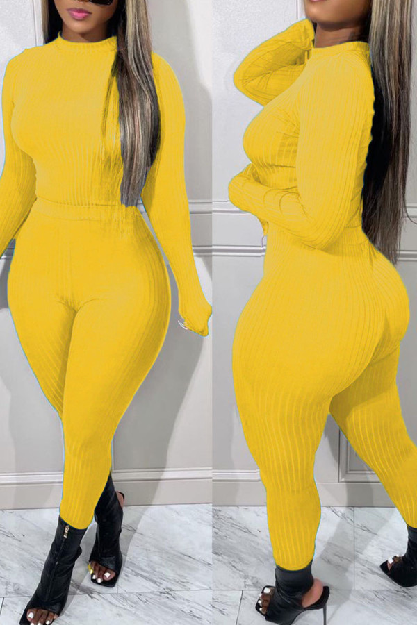Yellow Casual Solid Patchwork O Neck Long Sleeve Two Pieces