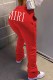 Red Casual Print Letter Straight Mid Waist Bottoms