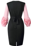 Blue Casual Patchwork Slit Contrast O Neck Pencil Skirt Dresses