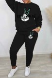 Dark Green Casual Character Print Letter O Neck Long Sleeve Two Pieces