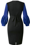 Blue Casual Patchwork Slit Contrast O Neck Pencil Skirt Dresses