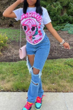 White Street Print Patchwork O Neck T-Shirts
