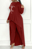 Grey Casual Print Asymmetrical O Neck Long Sleeve Two Pieces
