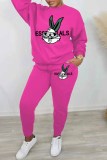 Rose Red Casual Character Print Letter O Neck Long Sleeve Two Pieces