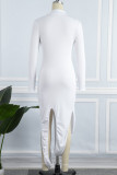 Khaki Casual Solid Patchwork Asymmetrical Half A Turtleneck Irregular Dress Dresses