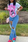 White Street Print Patchwork O Neck T-Shirts