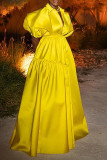 Yellow Casual Elegant Solid Patchwork Buckle Turndown Collar A Line Dresses