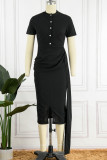 Black Casual Solid Patchwork V Neck Short Sleeve Dress