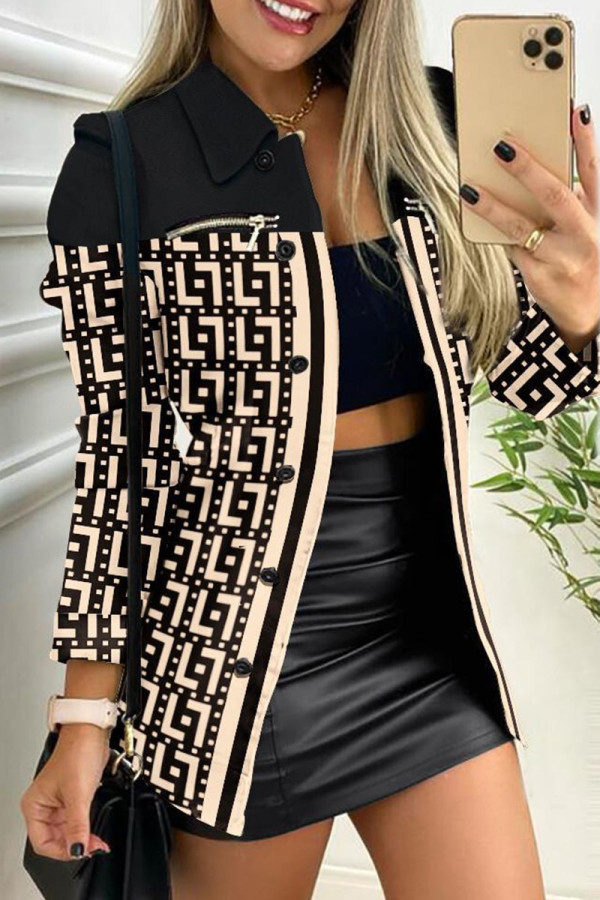 Khaki Casual Print Patchwork Buckle Turndown Collar Outerwear