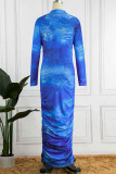 Blue Casual Print Basic V Neck Long Sleeve Dresses