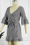 Pink Casual Striped Print Patchwork V Neck Dresses
