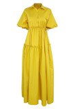 Yellow Casual Elegant Solid Patchwork Buckle Turndown Collar A Line Dresses