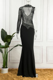 Black Sexy Formal Patchwork Hot Drilling See-through Turtleneck Evening Dress Dresses