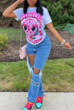 White Street Print Patchwork O Neck T-Shirts