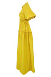 Yellow Casual Elegant Solid Patchwork Buckle Turndown Collar A Line Dresses