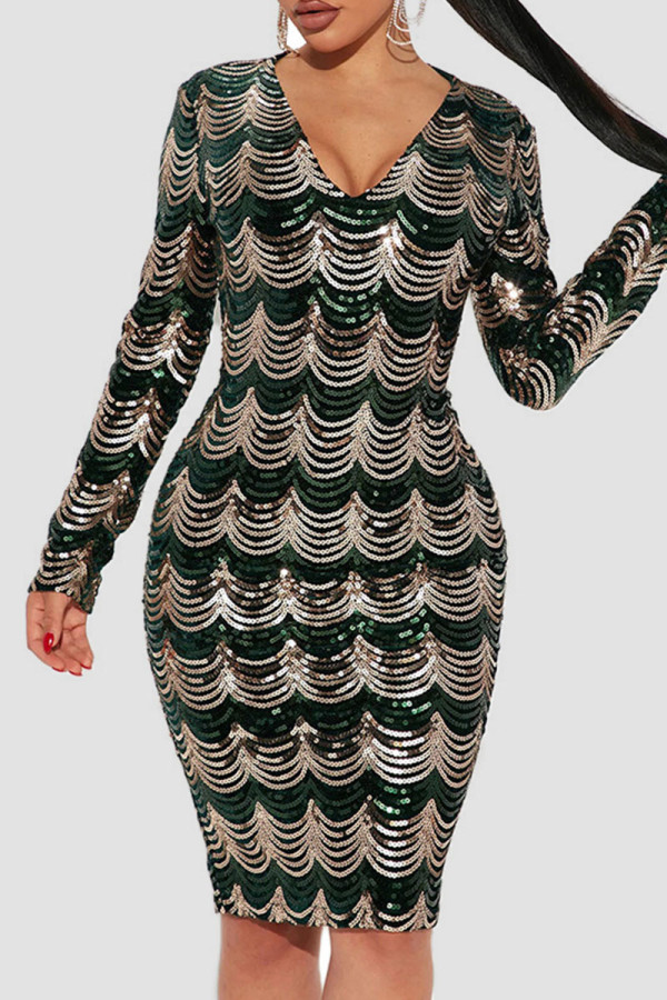 Green Sexy Sequins Patchwork V Neck One Step Skirt Dresses
