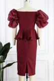 Burgundy Sexy Formal Solid Patchwork Slit Off the Shoulder Evening Dress Dresses