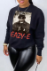 Black Street Print Letter O Neck Tops