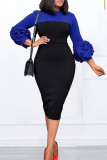 Blue Casual Patchwork Slit Contrast O Neck Pencil Skirt Dresses
