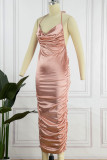 Rose Gold Fashion Sexy Solid Backless Fold Spaghetti Strap Short Sleeve Dress