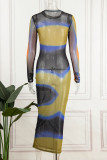 Colour Sexy Print Patchwork O Neck One Step Skirt Dresses