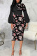 Black Casual Elegant Print Patchwork With Bow Half A Turtleneck One Step Skirt Dresses