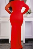 Red Sexy Formal Patchwork See-through Slit O Neck Evening Dress Dresses