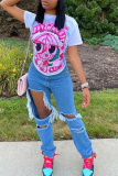White Street Print Patchwork O Neck T-Shirts
