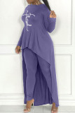 Grey Casual Print Asymmetrical O Neck Long Sleeve Two Pieces
