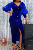 Blue Formal Solid Patchwork Slit V Neck One Step Skirt Dresses