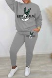 Brown Casual Character Print Letter O Neck Long Sleeve Two Pieces
