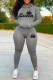 Grey Casual Letter Print Basic Hooded Collar Long Sleeve Two Pieces